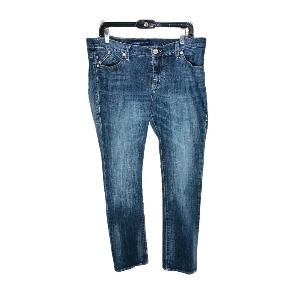 Rock & Republic Women's Dark Blue Denim Bootcut Straight Leg Jeans Sz 14 $225